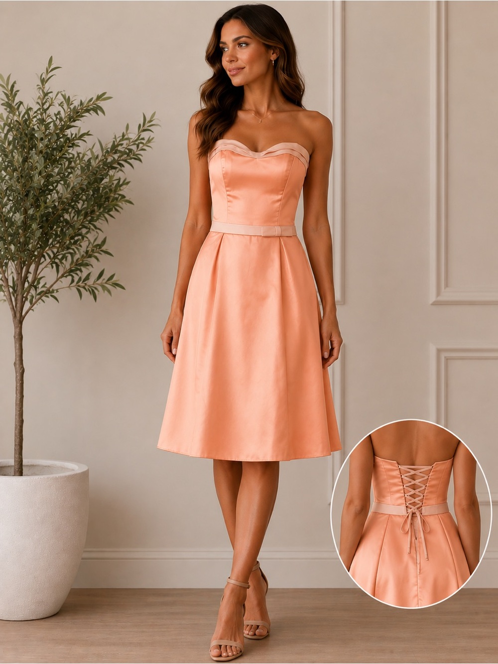 Peach Satin Size 10 (See Measurements) Strapless Cocktail Dress